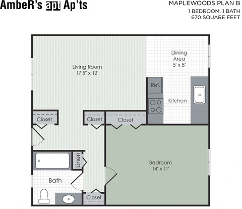 Floor plan for 1 bed, 1 bath, 663 sqft